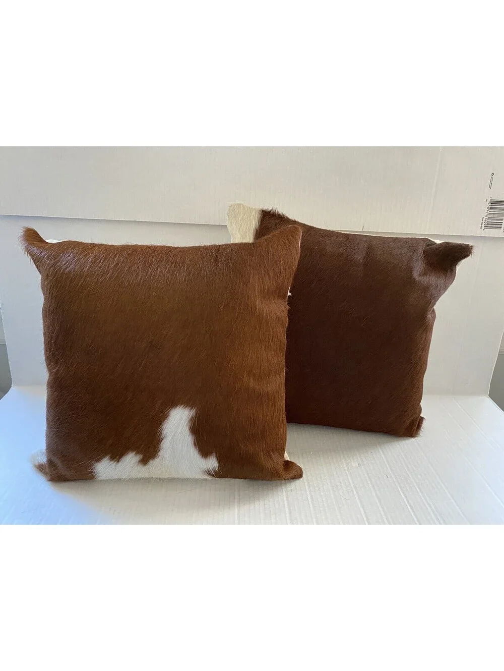 Pair of Natural Cowhide Throw Pillows Genuine Hair on Hide Brown White 16”